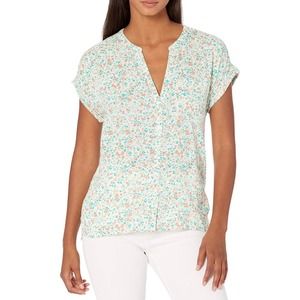 Lucky Brand Summer Floral Cap Sleeve Shirt Size Large White Green Cottagecore